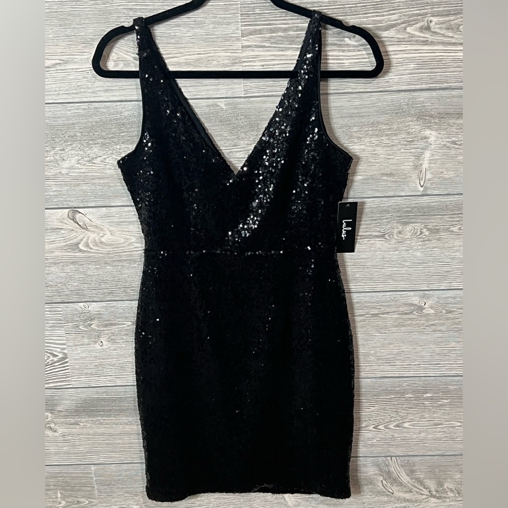 Lulus Black Sequin Bodycon Dress Size Small LBD Mini - Picture 3 of 9